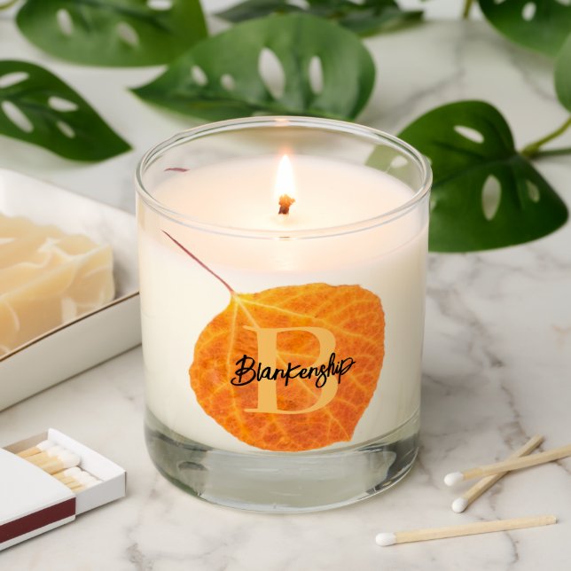 Rustic Yellow Aspen Leaf Custom Letter Monogram Scented Candle (Lit)