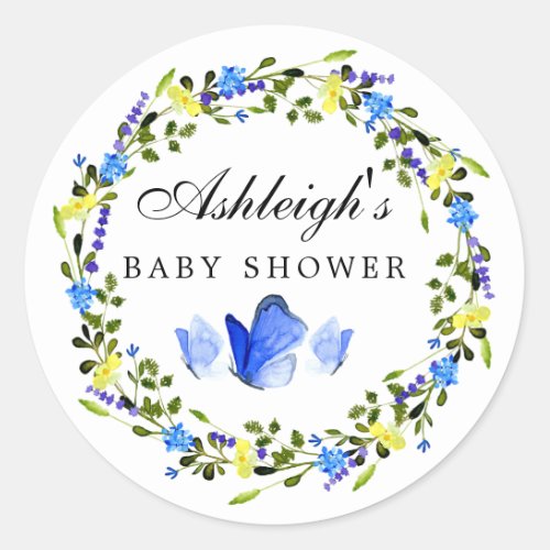 Rustic Yellow Blue Floral Butterfly Baby Shower Classic Round Sticker