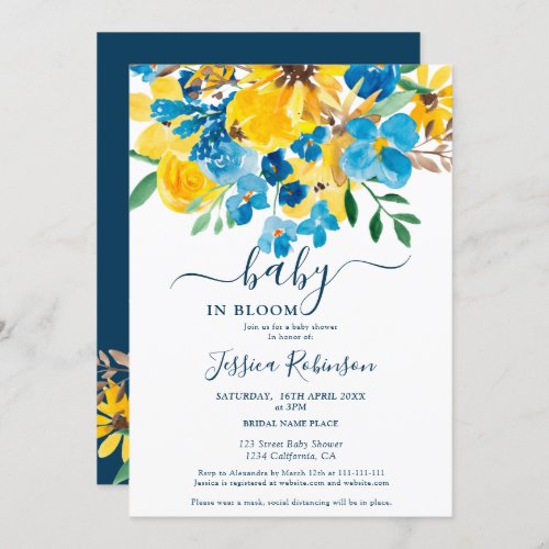 Rustic yellow blue floral watercolor baby shower invitation