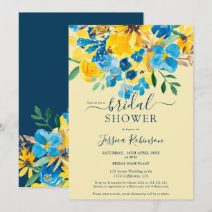 Rustic yellow blue floral watercolor bridal shower invitation