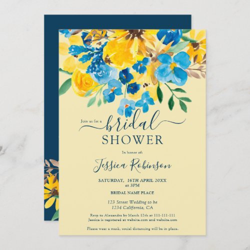 Rustic yellow blue floral watercolor bridal shower invitation