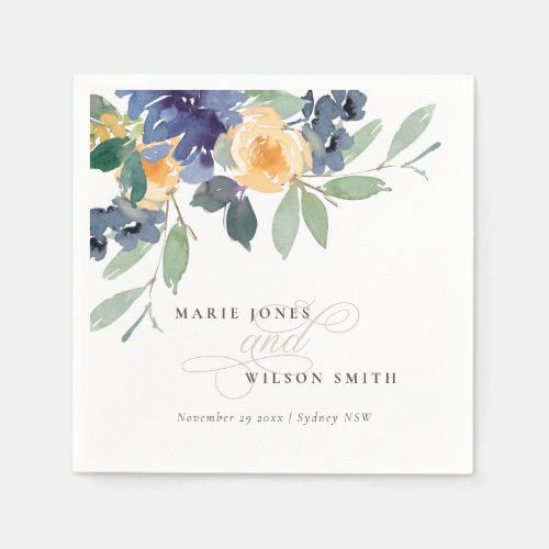 Rustic Yellow Blue Watercolor Floral Wedding Napkins
