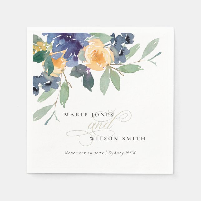 Rustic Yellow Blue Watercolor Floral Wedding Napkins (Front)