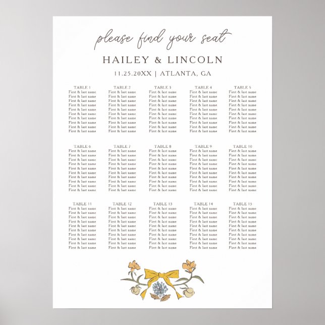 Rustic Yellow Bow Floral Wedding Seating Chart (Front)