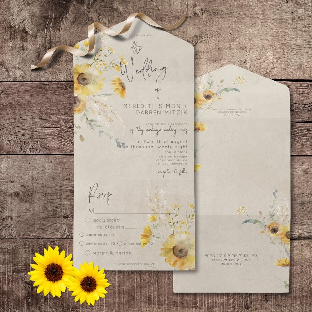 Rustic Yellow & Brown Summer Sunflower Dinner All In One Invitation (Rustic Yellow & Brown Summer Sunflower All In One Wedding Invitation with Dinner Options)