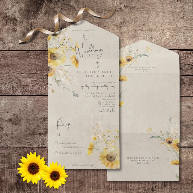 Rustic Yellow & Brown Summer Sunflower No Dinner All In One Invitation (Rustic Yellow & Brown Summer Sunflower All In One Wedding Invitation without Dinner Options)