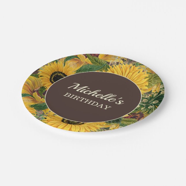 Rustic Yellow Brown Sunflowers Birthday Party Paper Plates (Angled)