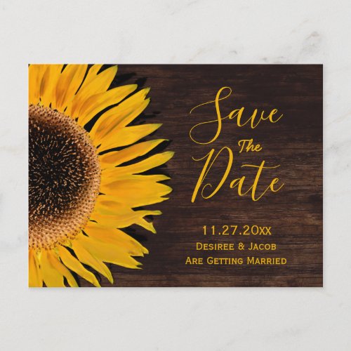 Rustic Yellow Brown Wood Sunflower Save The Date Announcement Postcard