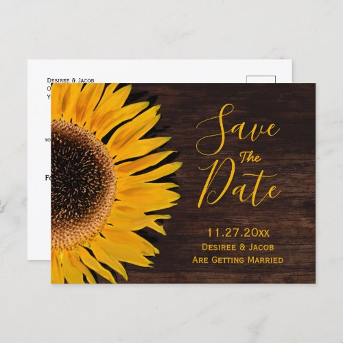 Rustic Yellow Brown Wood Sunflower Save The Date Announcement Postcard