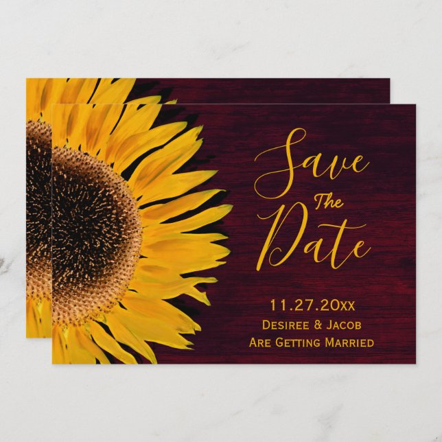 Rustic Yellow Burgundy Sunflower Save The Date (Front/Back)