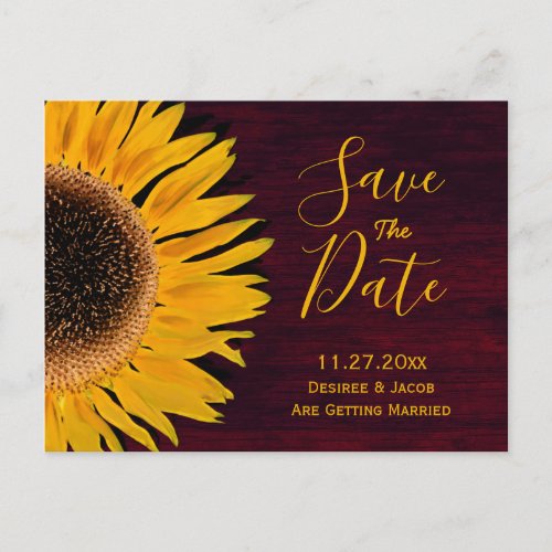 Rustic Yellow Burgundy Sunflower Save The Date Announcement Postcard