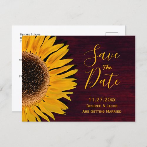 Rustic Yellow Burgundy Sunflower Save The Date Announcement Postcard