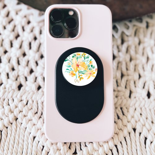 Rustic yellow chic floral watercolor monogram PopSocket