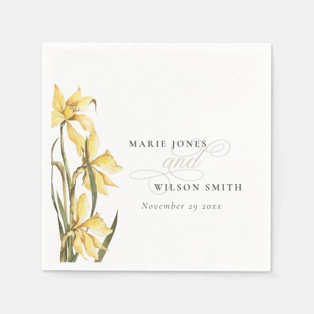 Rustic Yellow Daffodil Floral Watercolor Wedding Napkins (Front)