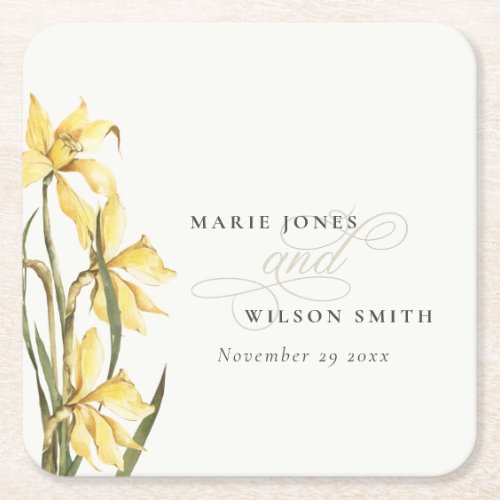 Rustic Yellow Daffodil Floral Watercolor Wedding Square Paper Coaster