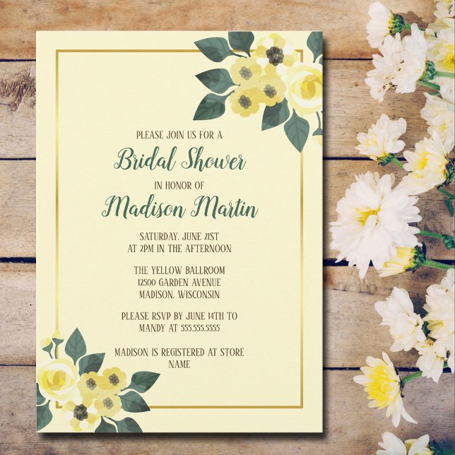 Rustic Yellow Floral Gold Bridal Shower Invitation (Creator Uploaded)