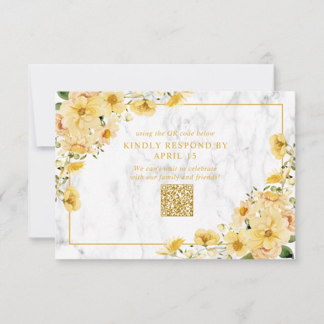 Rustic Yellow Floral Marble QR Code Wedding RSVP (Front)