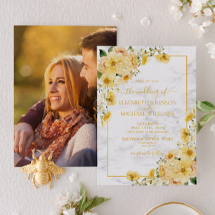 Rustic Yellow Floral Marble Script Photo Wedding Invitation