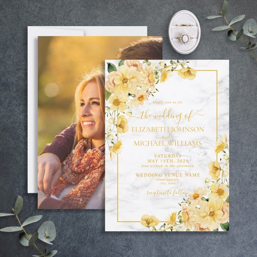Rustic Yellow Floral Marble Script Photo Wedding Invitation