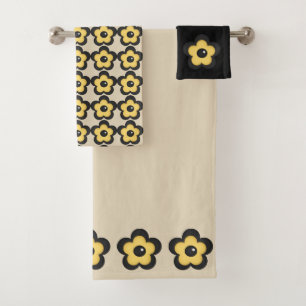 Rustic Yellow Flower on Black and Tan Beige Bath Towel Set