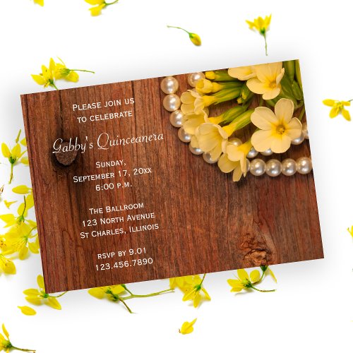 Rustic Yellow Flowers and Pearls Quinceanera Invitation