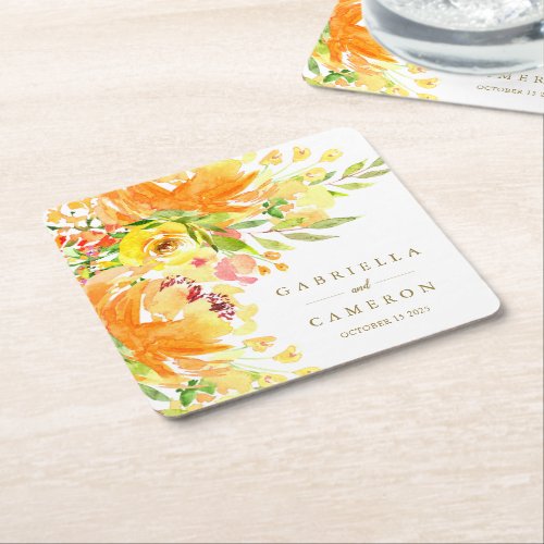 Rustic Yellow Flowers Watercolor Wedding Custom Square Paper Coaster