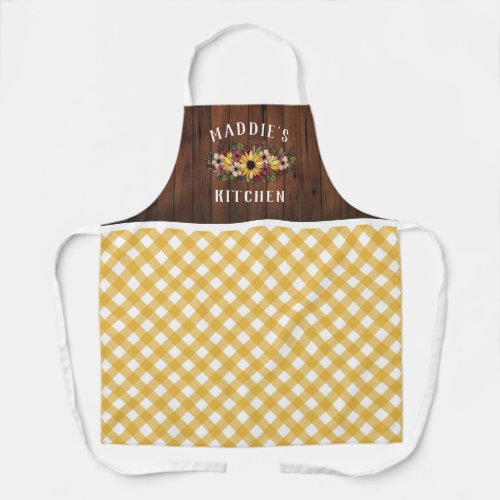 Rustic Yellow Gingham Floral Bouquet Add Name Apron