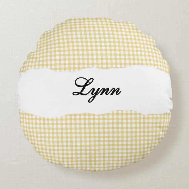 Rustic Yellow Gingham Personalized Name Round Pillow (Front)