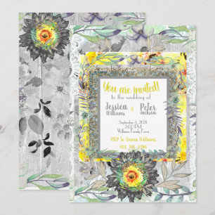 Rustic Yellow Gray Sunflower Wedding Invitation
