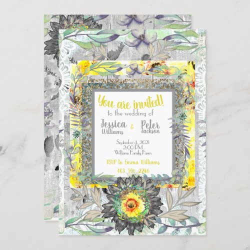 Rustic Yellow Gray Sunflower Wedding Invitation