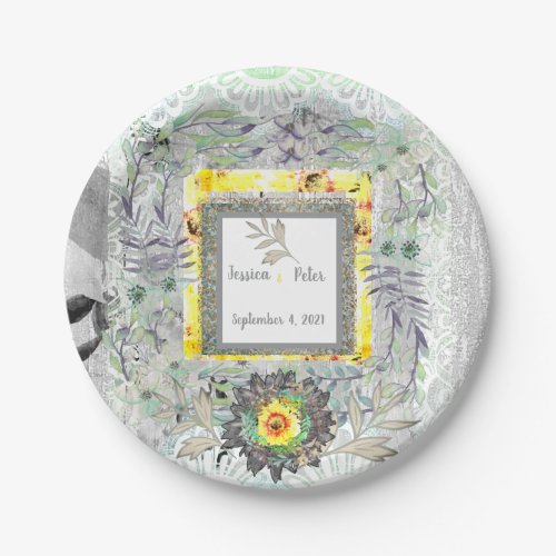 Rustic Yellow Gray Sunflower Wedding Paper Plates
