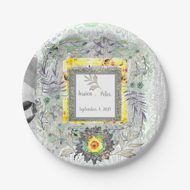 Rustic Yellow Gray Sunflower Wedding Paper Plates (Front)