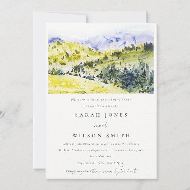 Rustic Yellow Green Countryside Hills Engagement Invitation (Front)