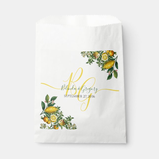 Rustic Yellow Lemon & Foliage Greenery Wedding  Favor Bag (Front)