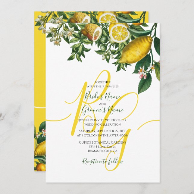 Rustic Yellow Lemon & Foliage Greenery Wedding Invitation (Front/Back)