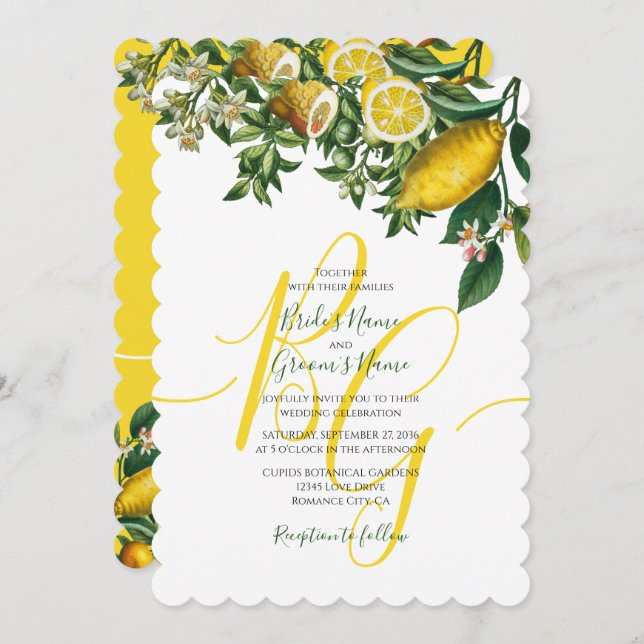 Rustic Yellow Lemon & Foliage Greenery Wedding Invitation (Front/Back)
