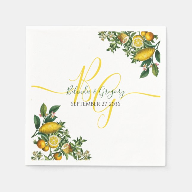 Rustic Yellow Lemon & Foliage Greenery Wedding Napkins (Front)