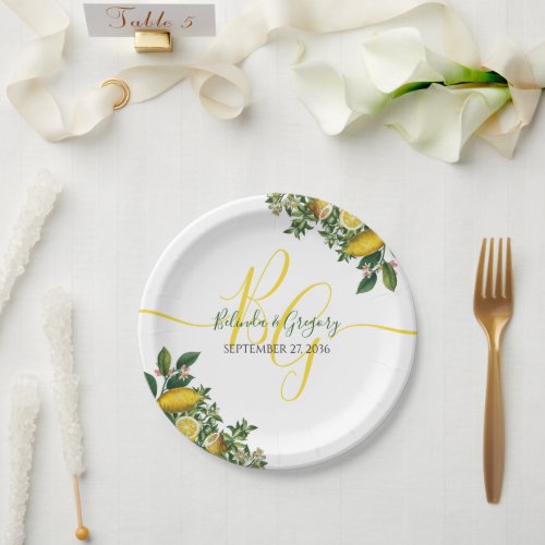 Rustic Yellow Lemon  Foliage Greenery Wedding Paper Plates