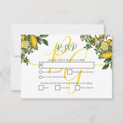 Rustic Yellow Lemon  Foliage Greenery Wedding RSVP Card