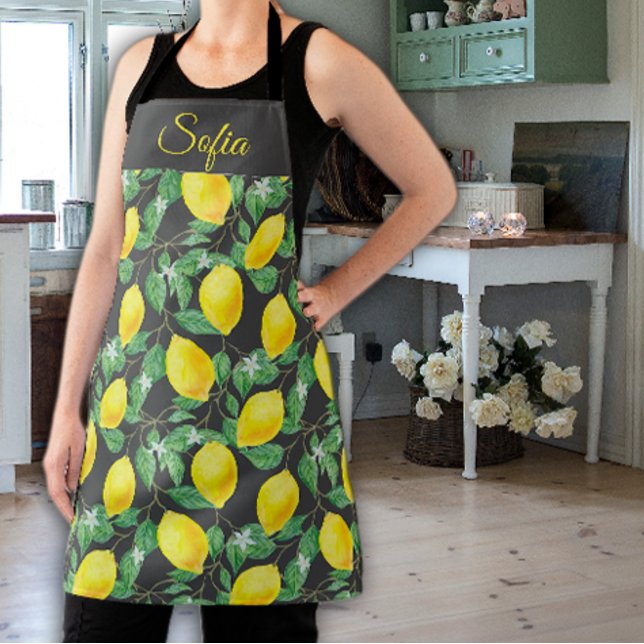 Rustic yellow lemon watercolor gray pattern apron (Creator Uploaded)