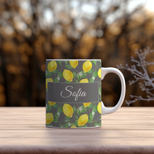 Rustic yellow lemon watercolor green grey pattern coffee mug