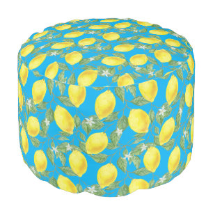 Rustic yellow lemon watercolor pattern blue pouf