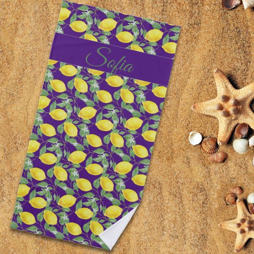 Rustic yellow lemon watercolor pattern purple beach towel