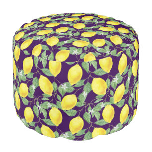 Rustic yellow lemon watercolor pattern purple pouf