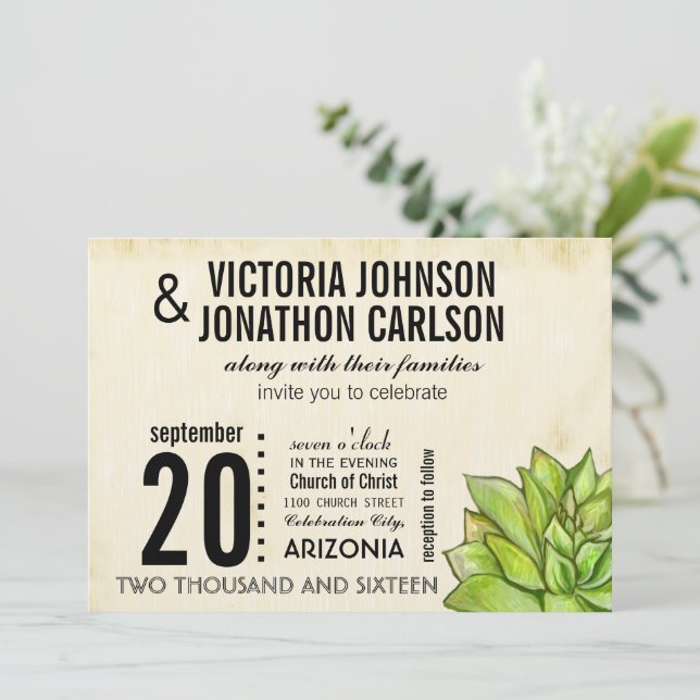 Rustic Yellow Lime Succulent Typography Wedding Invitation (Standing Front)