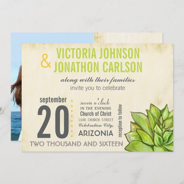 Rustic Yellow Lime Succulent Typography Wedding Invitation (Front/Back)