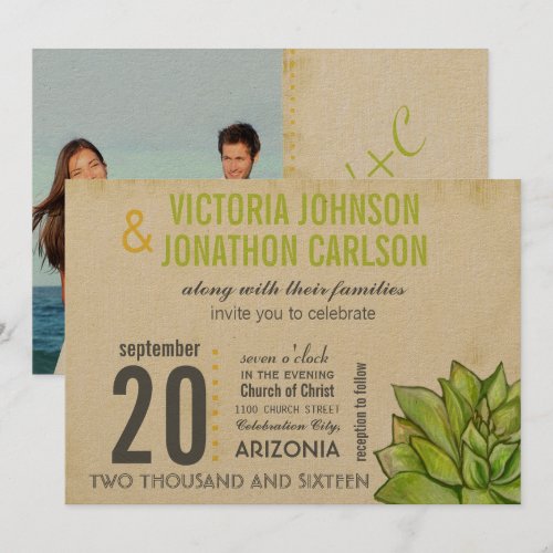 Yellow Lime Succulent Modern Typography Wedding Personalized Invites