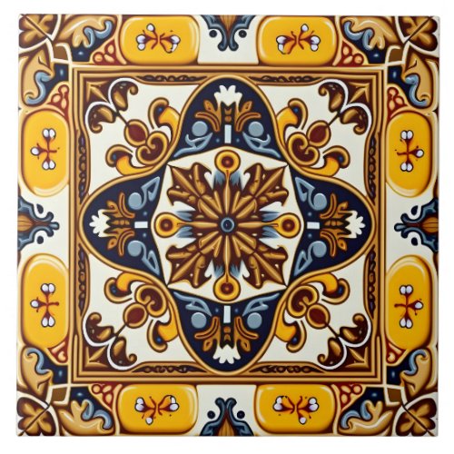 Rustic Yellow Navy Blue Spanish Majolica Ceramic Tile