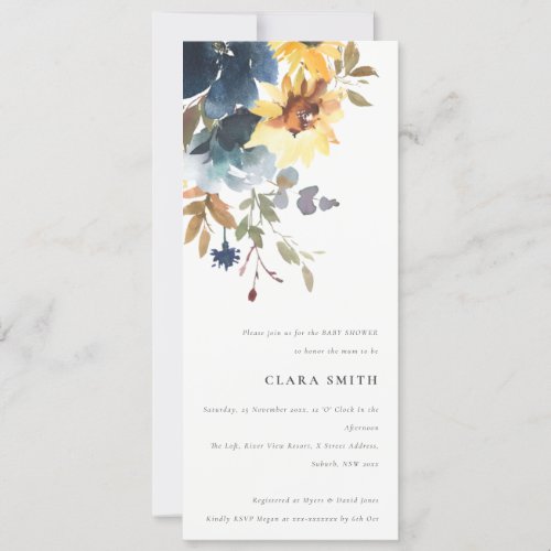 Rustic Yellow Navy Sunflower Floral Baby Shower Invitation