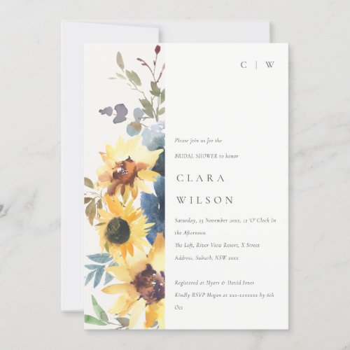 Rustic Yellow Navy Sunflower Floral Bridal Shower Invitation